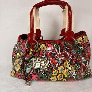 Brighton Large Coated Quilted Floral Purse - Red Flower Power Bag w/ Charm Retro
